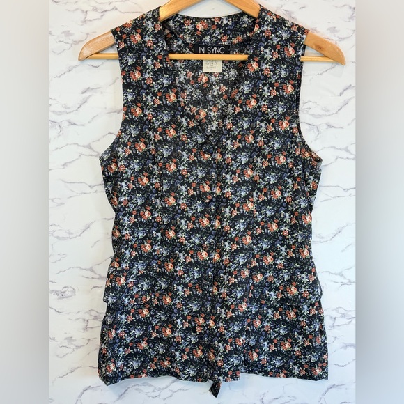 In Sync Tops - Vintage In Sync Ditsy Floral Button-Front Blouse Cotagecore Tie-Hem Vest Top -S